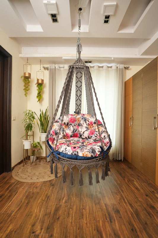 macrame chair hammock swing in brown color.
