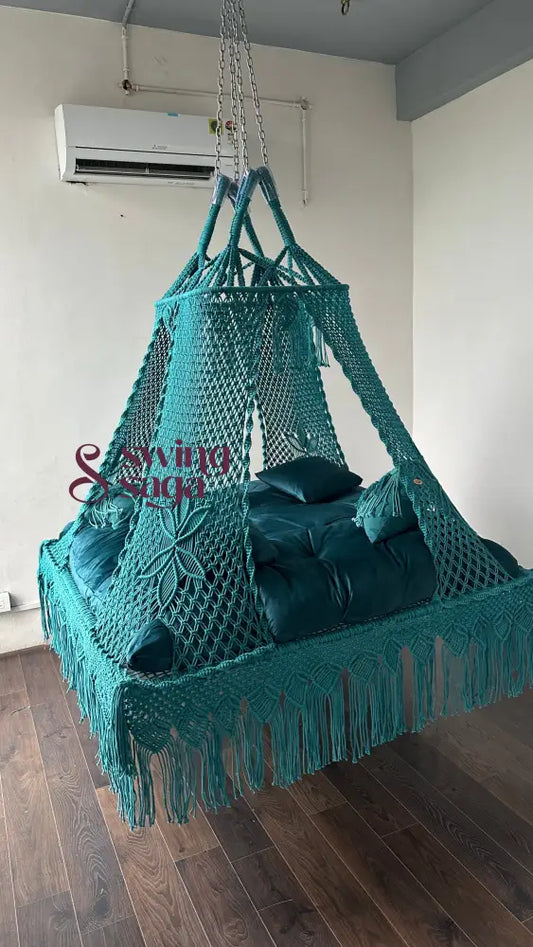 Square hanging swing teal blue color for outdoor or indoor use.