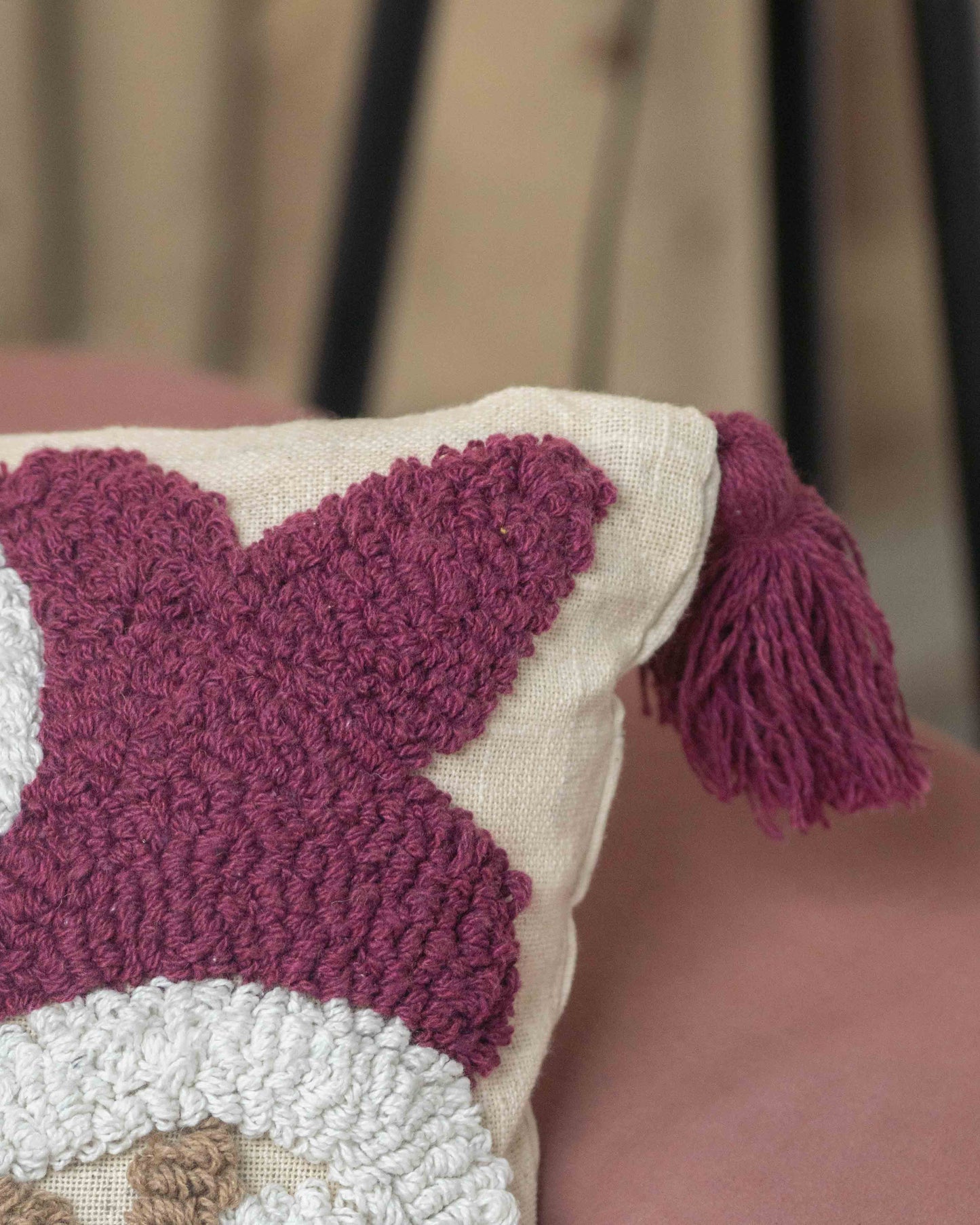 Maroon & Beige Tufted Cushion Cover with Tassels – Set of 2