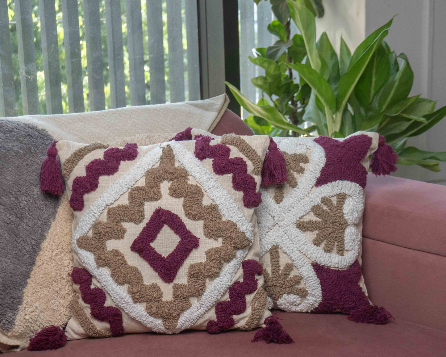 Maroon & Beige Tufted Cushion Cover with Tassels – Set of 2