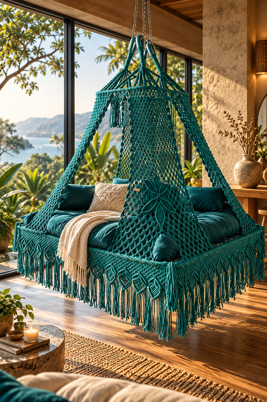 Teal Blue Hanging Bed Swing – lagoon frame Square Design by Swing Saga