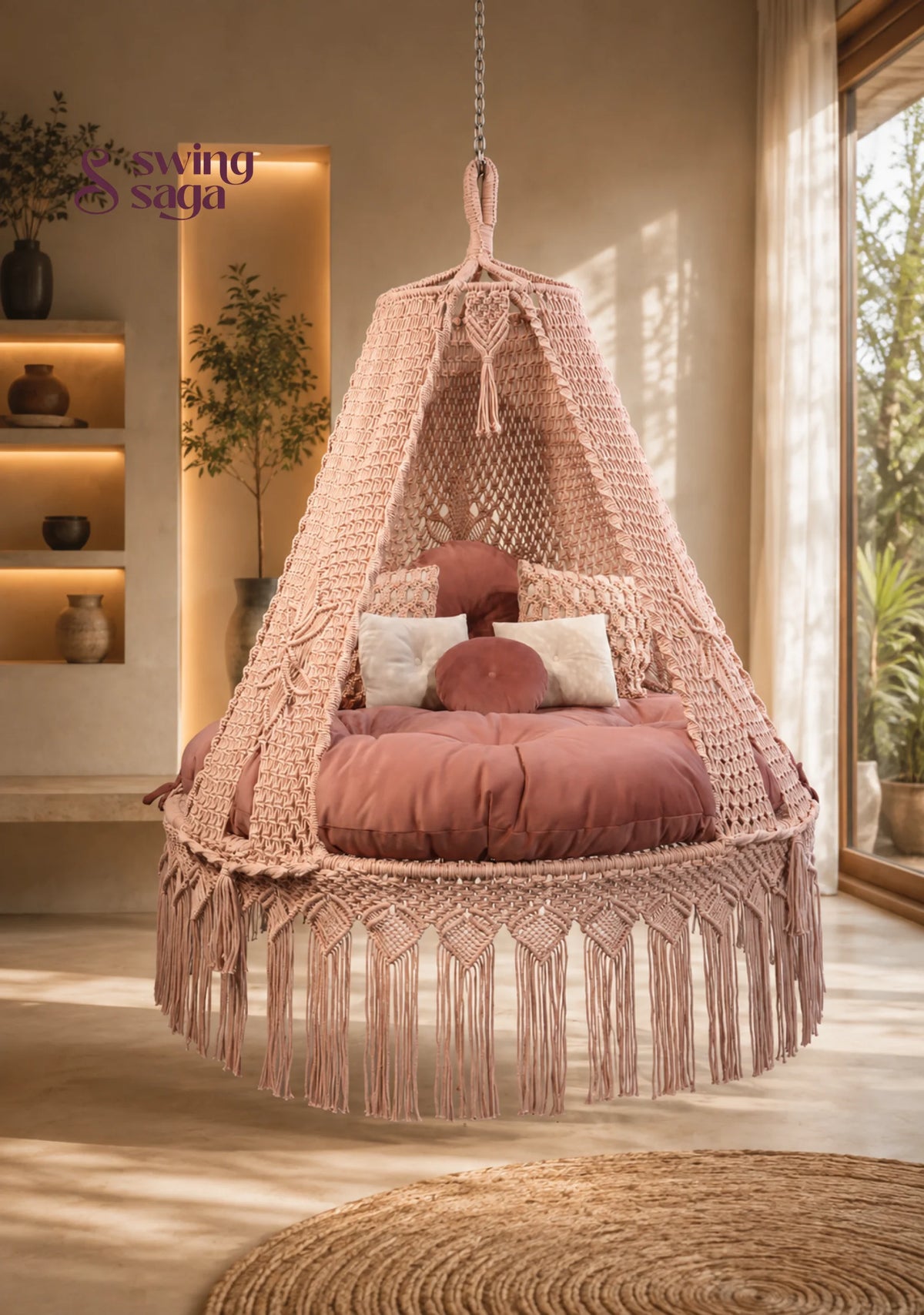 Amara, Handcrafted Cotton Macramé Bed Swing - Pink / 60 Inches