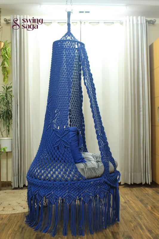 handcrafted single seater chair swing in blue color.