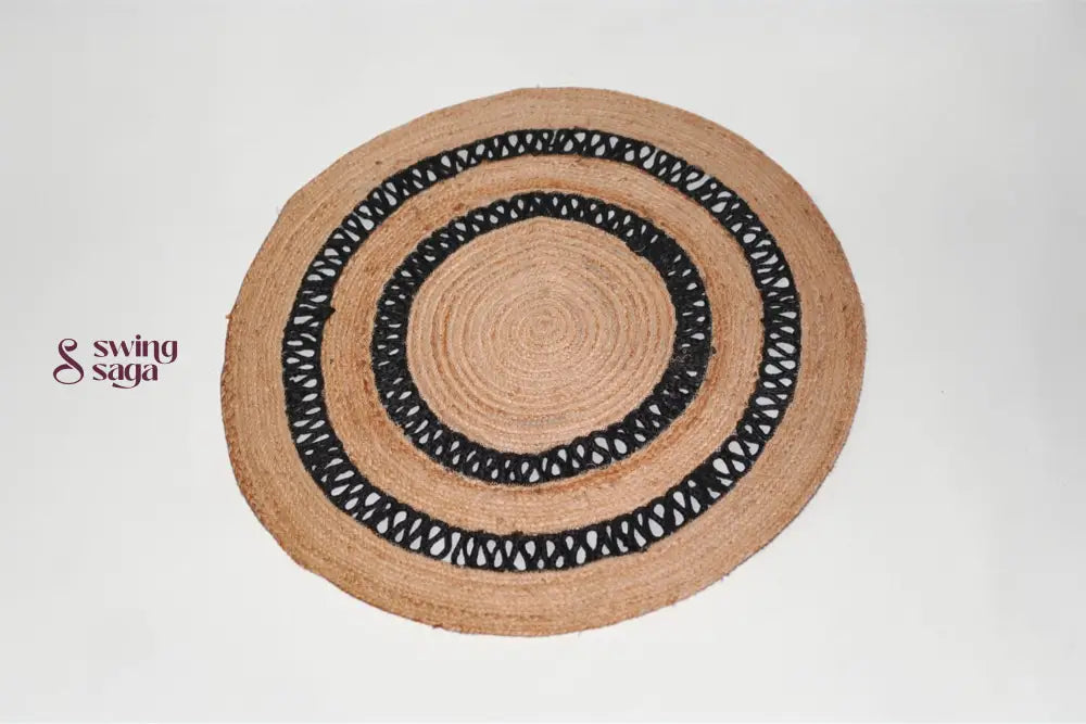 Round woven mat with black border on a white background
