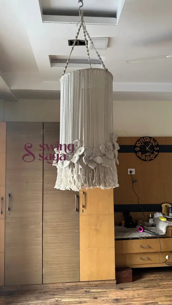 Cream macrame chandelier with flowers and circular ring hanger