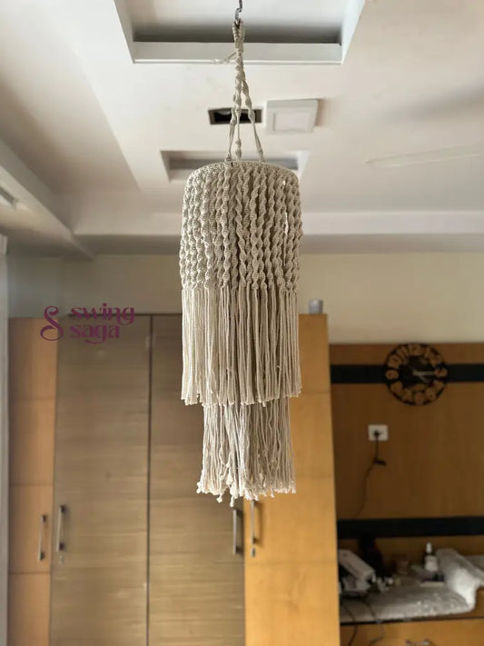 Macrame hanging chandelier light with layered tassels , bohemian ceiling decor for modern home interiors
