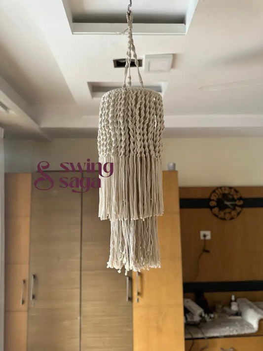 Macrame hanging chandelier light with layered tassels , bohemian ceiling decor for modern home interiors