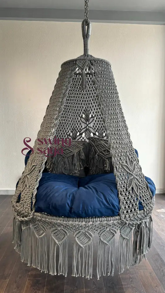 front view Hanging handcrafted grey swing for two people