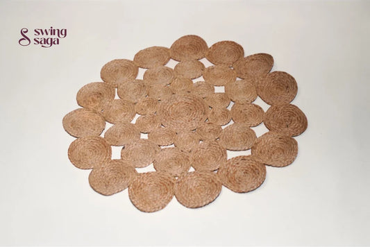 Round brown mat with cut-out patterns on a white background