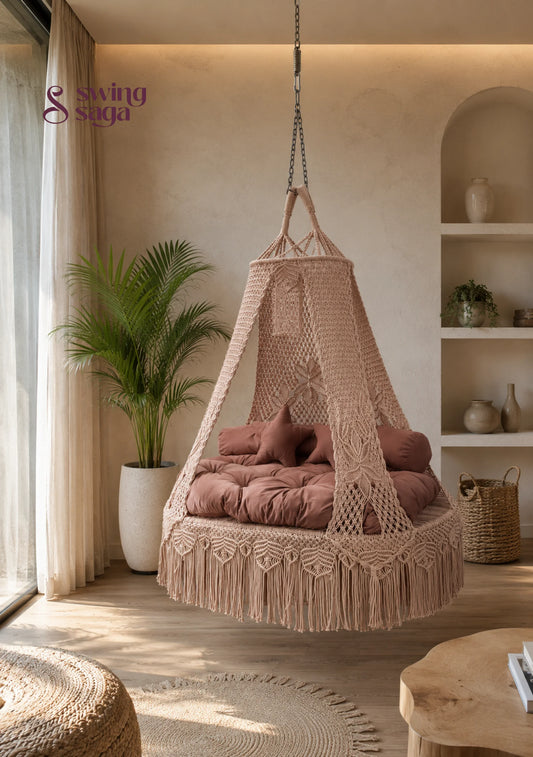 Handwoven Hanging Queen Sofa Bed Swing by Swing Saga - 65 inches / Toffee Peach / IN
