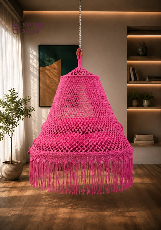 Hot Pink 60” Macrame Bed Swing – Boho Hanging Round Bed - 65 inches / Hot Pink / IN