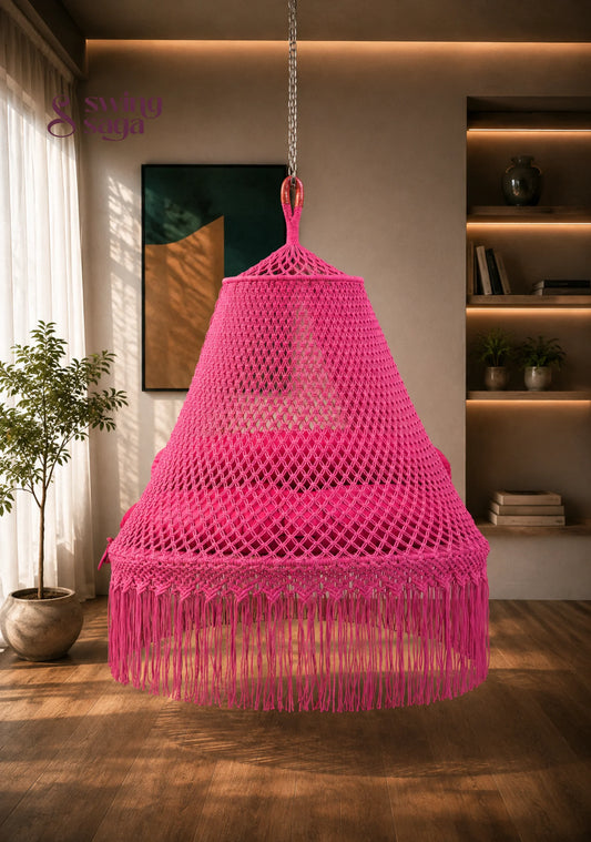 Hot Pink 60” Macrame Bed Swing – Boho Hanging Round Bed - 65 inches / Hot Pink / IN