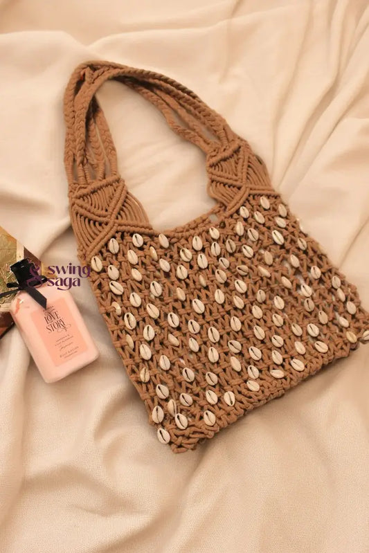 macrame bohemian bag with shells for everyday use.