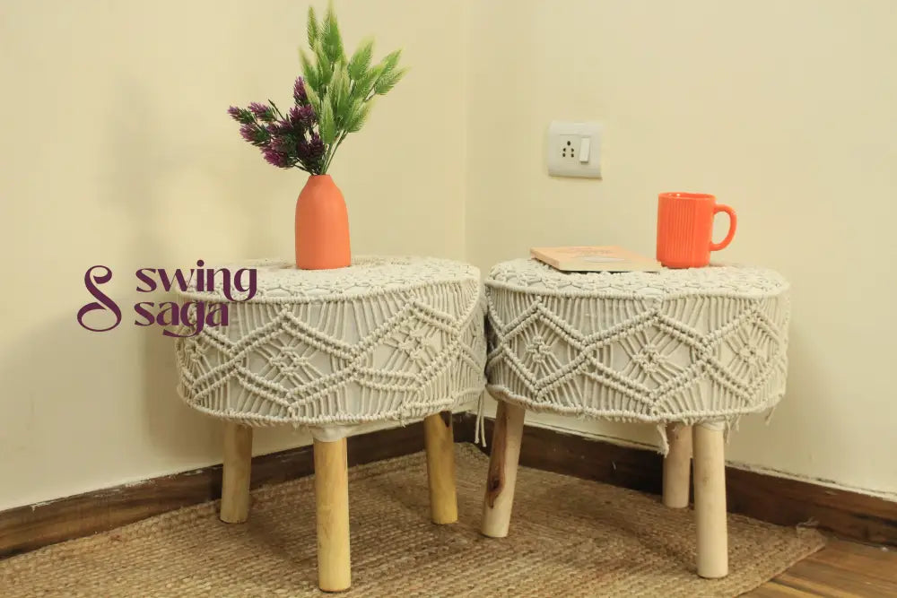 Ivory Macrame Ottoman - Set Of 2