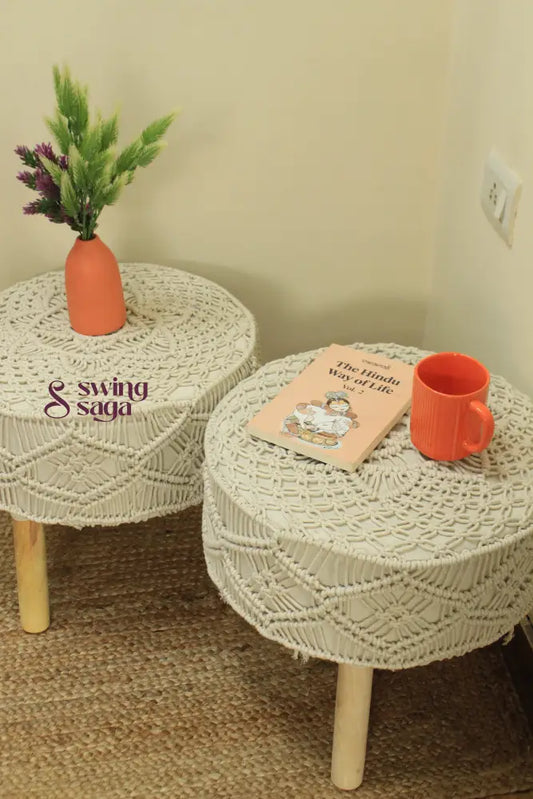 Pair of macrame ottoman in ivory color.