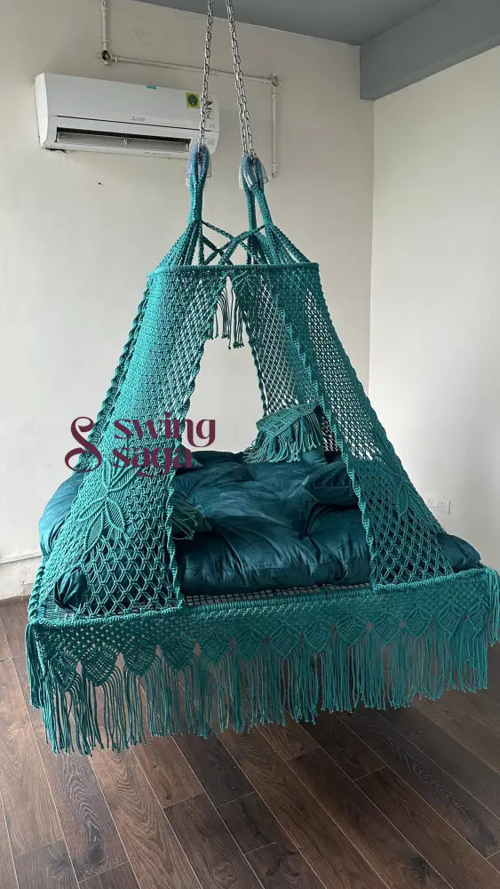 square macrame hanging swing perfect for your outdoor and indoor handwoven with precision in teal blue color.
