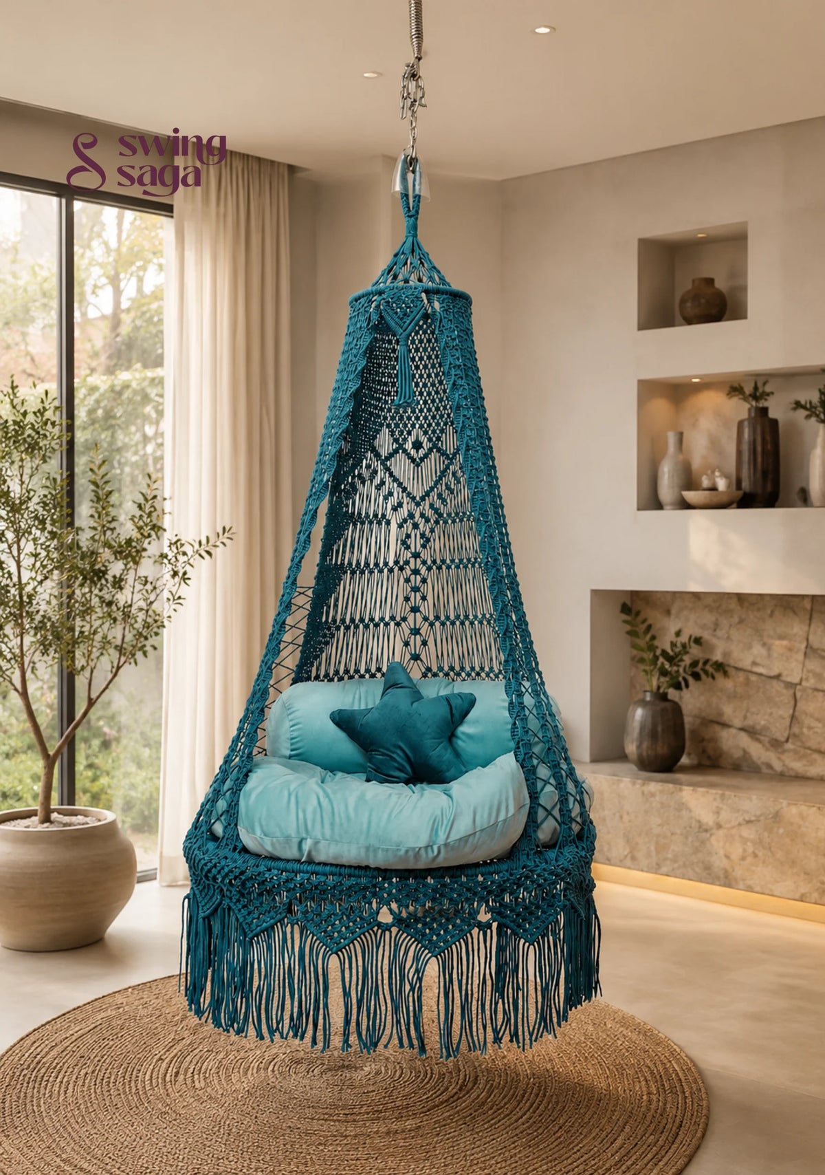 Macrame bohemian Teal Sapphire Swing for adults and kids - 40 inches / Teal Blue / IN