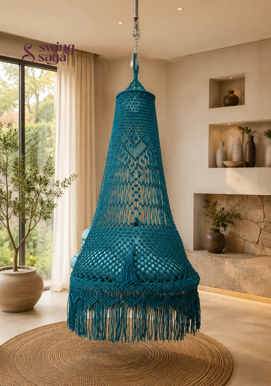 Macrame bohemian Teal Sapphire Swing for adults and kids - 40 inches / Teal Blue / IN