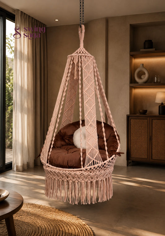 Macrame Bronzer hanging Chair Swing by swing saga - 40 Inches / Light Peach / IN