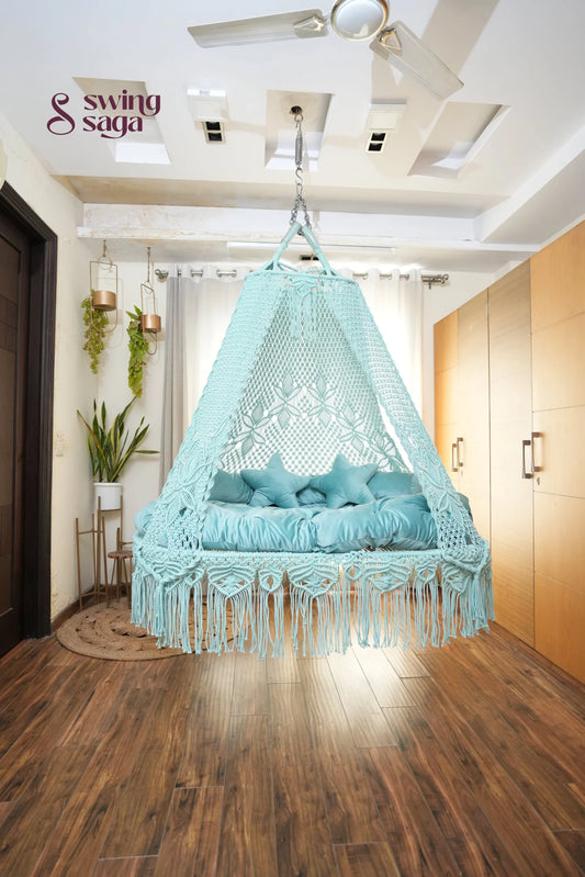 Aqua blue macrame sofa swing - Swing Saga