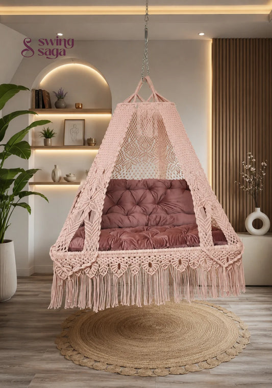 Macrame hanging Lush Lux Sofa with Back Rest by swing saga - 62 Inches / Lush Lux Pink / IN