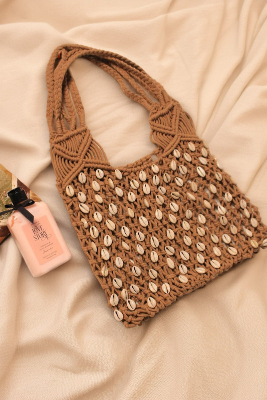 macrame bohemian bag with shells for everyday use.