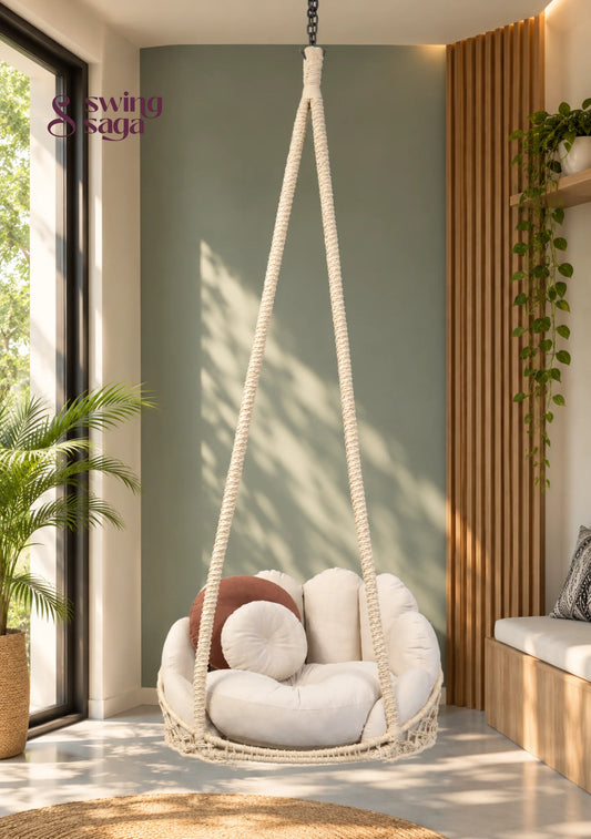 Noor, Single Seater Macramé Swing - 30*32 Inches | Height: 72 inches / White