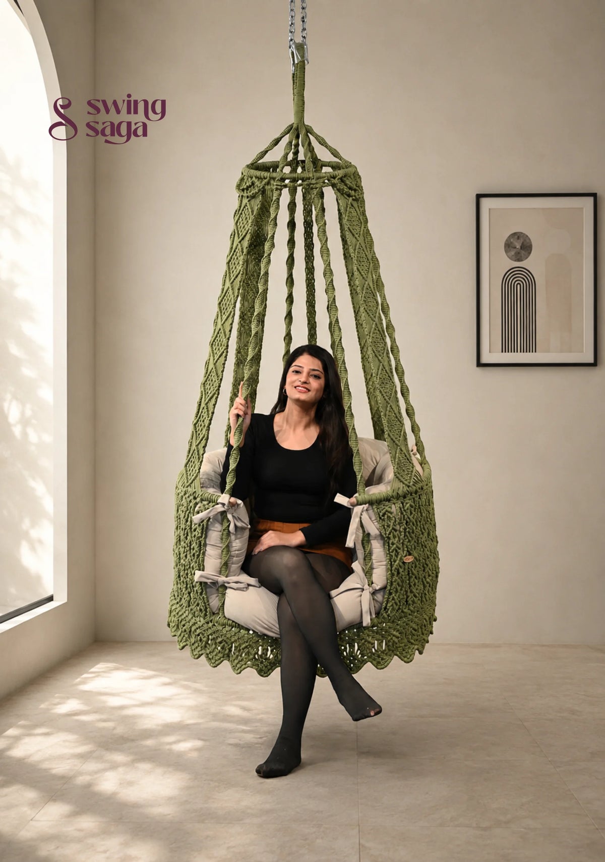 Olive colored Elowen Chair Swing for balcony space - Olive Grove / 35 Inches