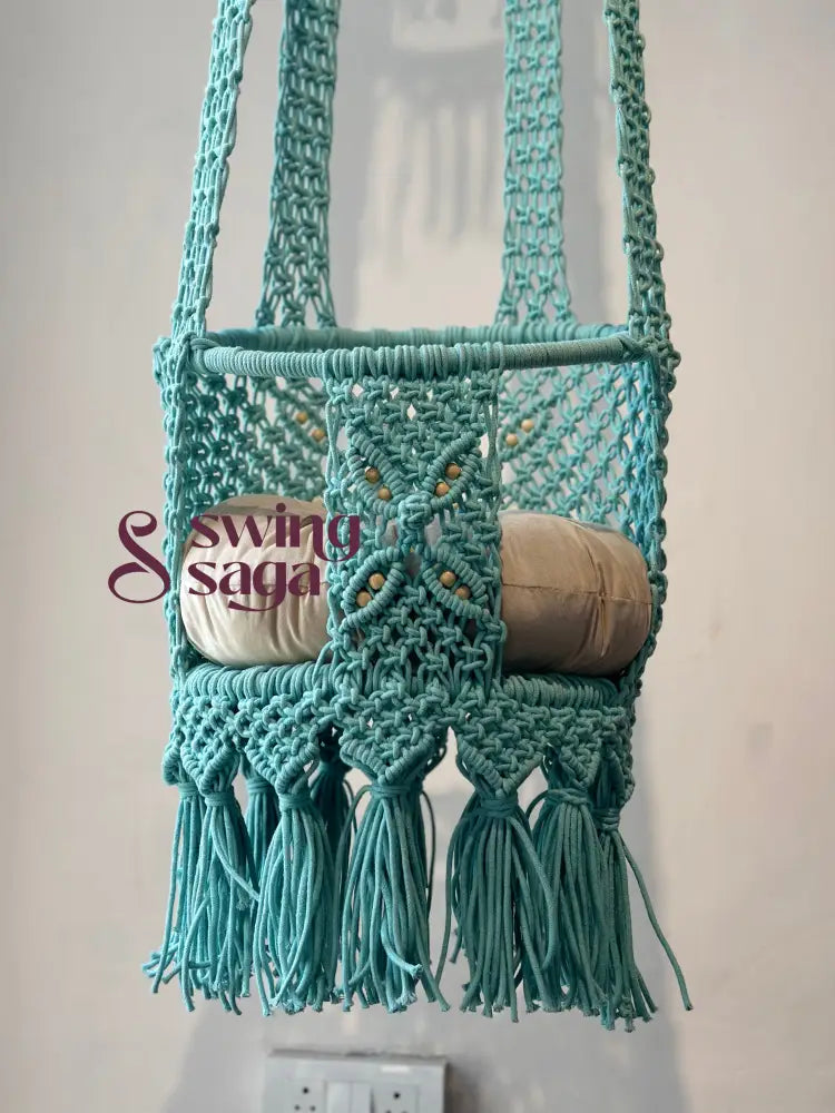 Peacock blue macrame baby swing 17 inches / Teal Blue / Cream White