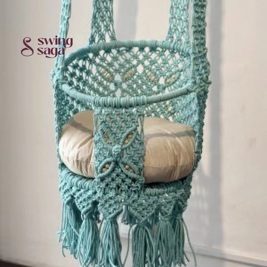 hnadcrafted hanging blue baby swing detailed image.