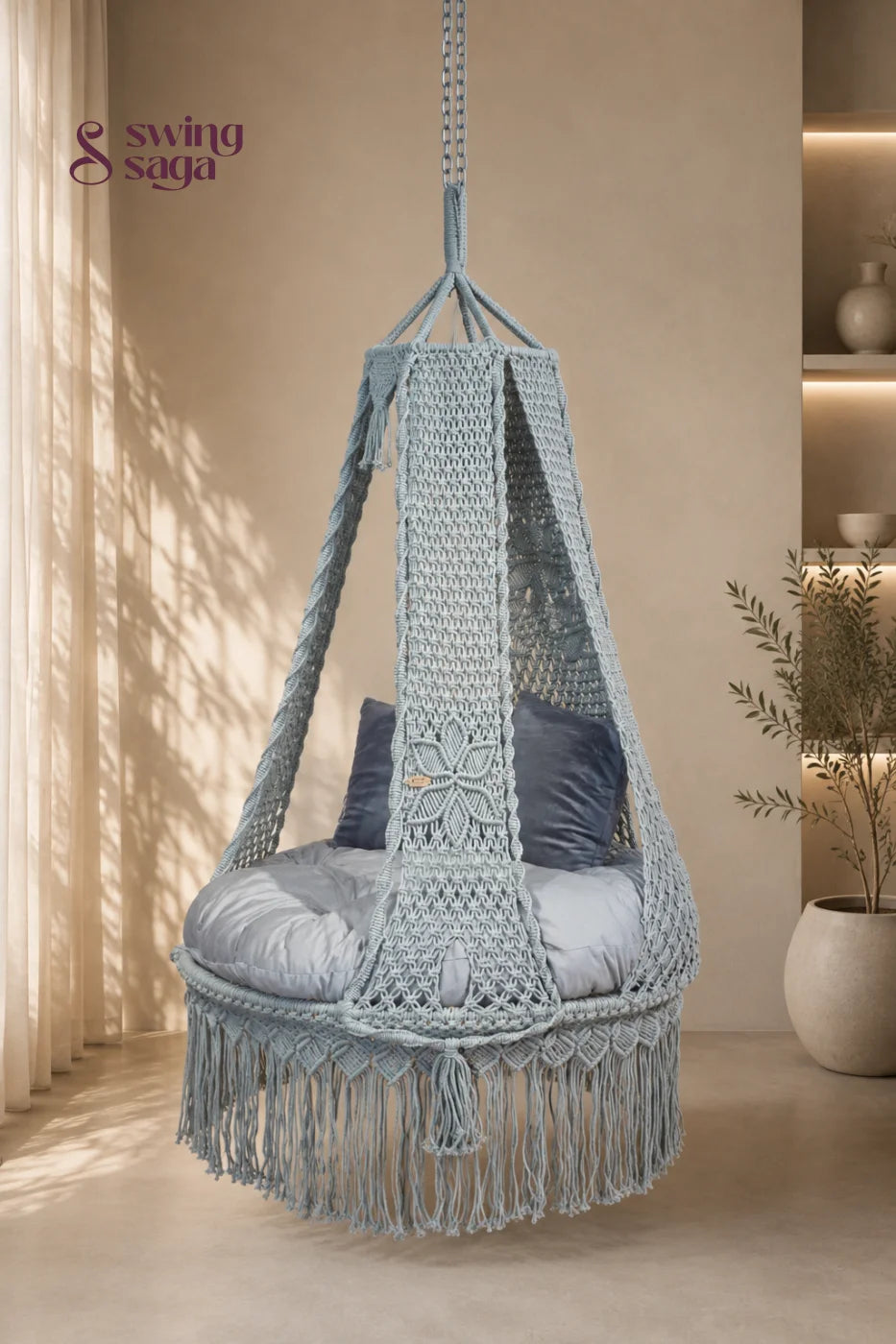 Pebble Grey – 40-Inch Single Seater Macramé Hanging Swing - 40* 40 Inches | 72 inches in height