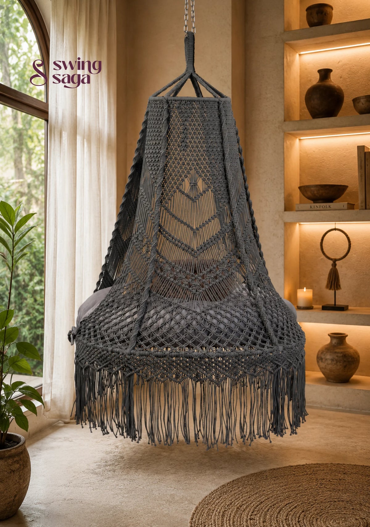 Shadow - Handcrafted Cotton Macramé Bed Swing - 50 inches round | Height: 72 inches / Dark Grey