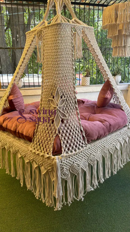 SnowBoho Macrame Hanging Palace Swing – White Cotton Comfort 72 Inches / White / Lush Lux Pink