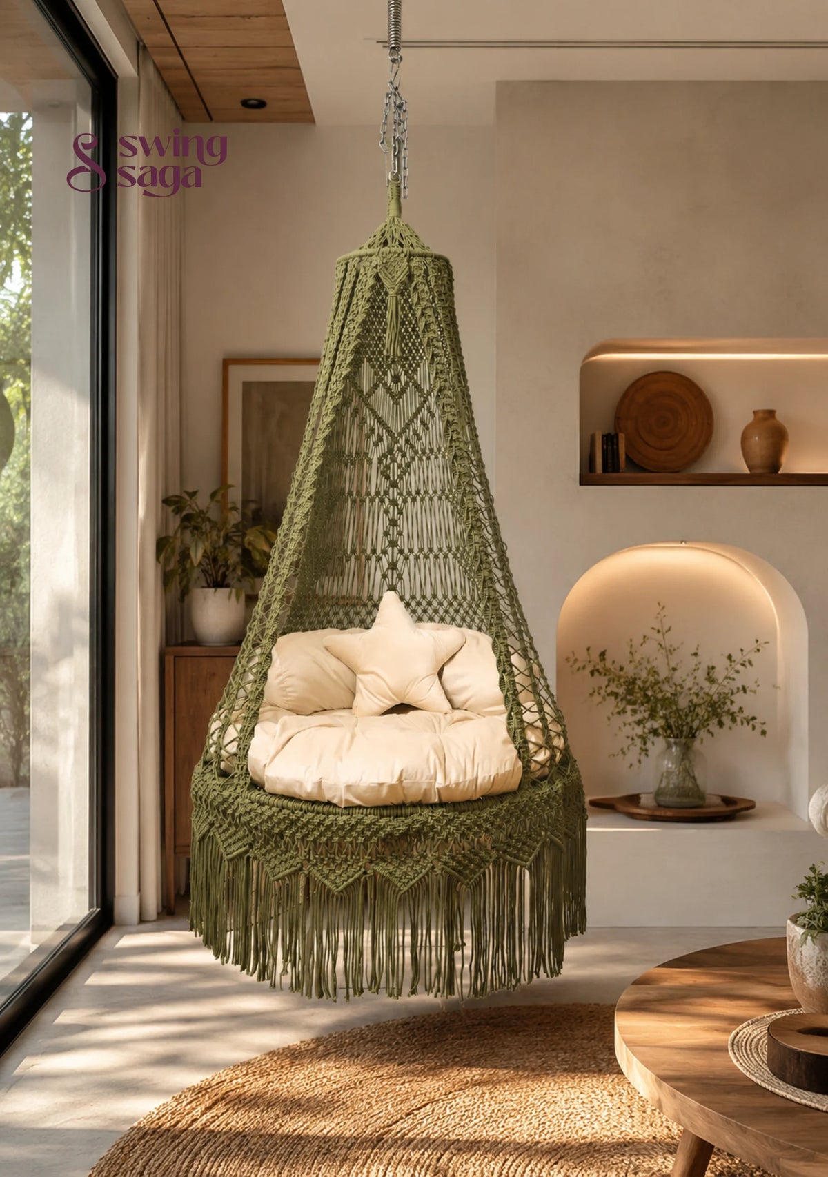 Swing saga’s Nilgiri handcrafted macrame Swing for adults and kids - 40 inches / Olive Green / IN