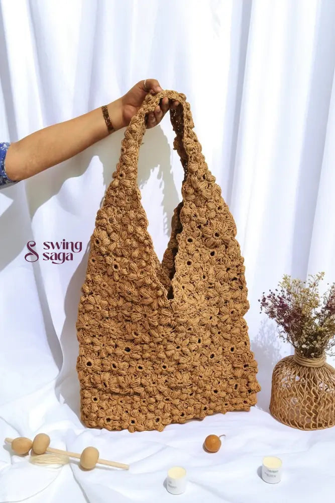 handcrafted brown rafia pattern handbag for women, eco-friendly boho tote bag gift idea.