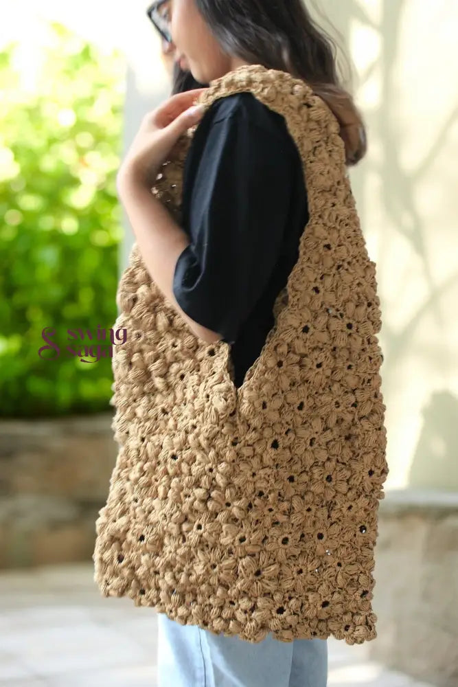 handcrafted brown rafia pattern handbag for women, eco-friendly boho tote bag gift idea.