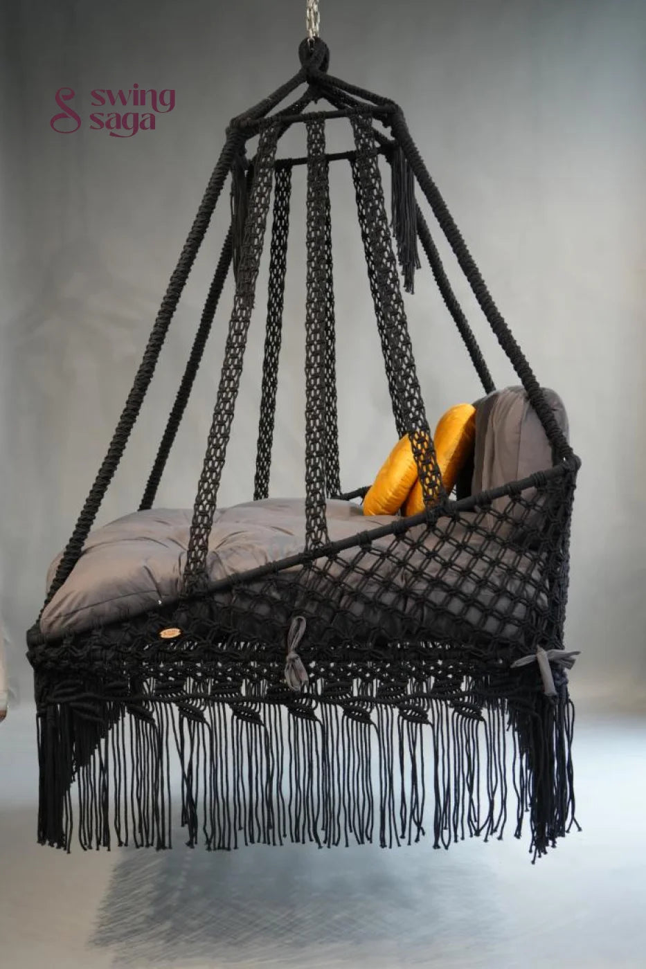 The Retreat, Handcrafted Macramé Patio Sofa Swing - 60 Inches / Black