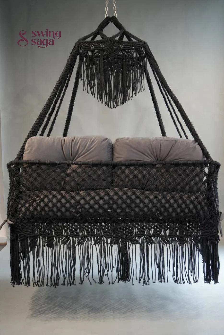 The Retreat, Handcrafted Macramé Patio Sofa Swing - 60 Inches / Black