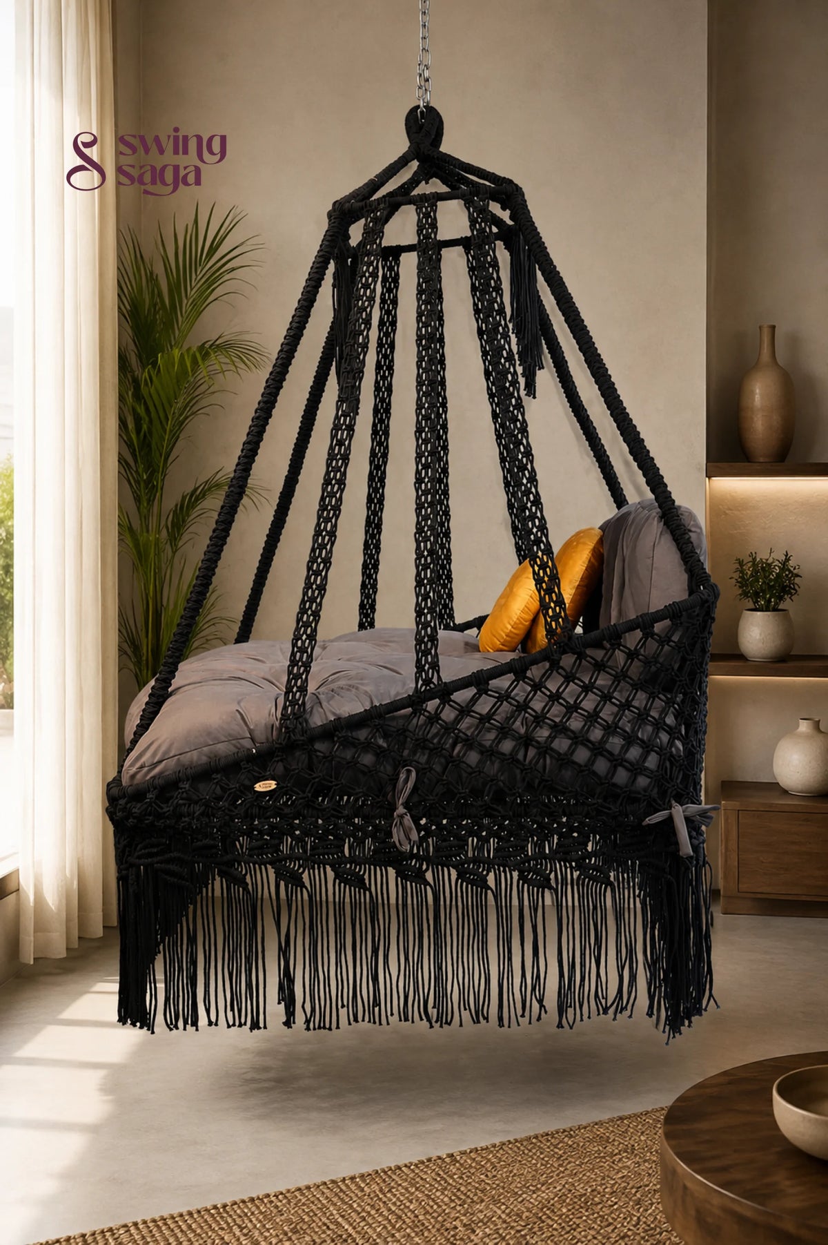The Retreat, Handcrafted Macramé Patio Sofa Swing - 60 Inches / Black