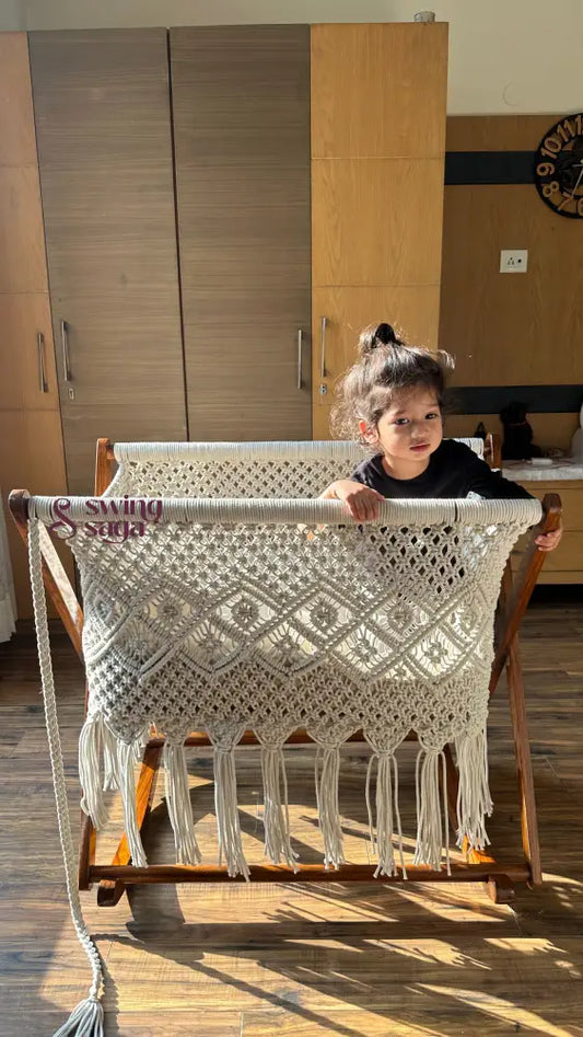 Boho macrame baby cradle swing with wooden stand – handcrafted cotton cradle for nursery décor