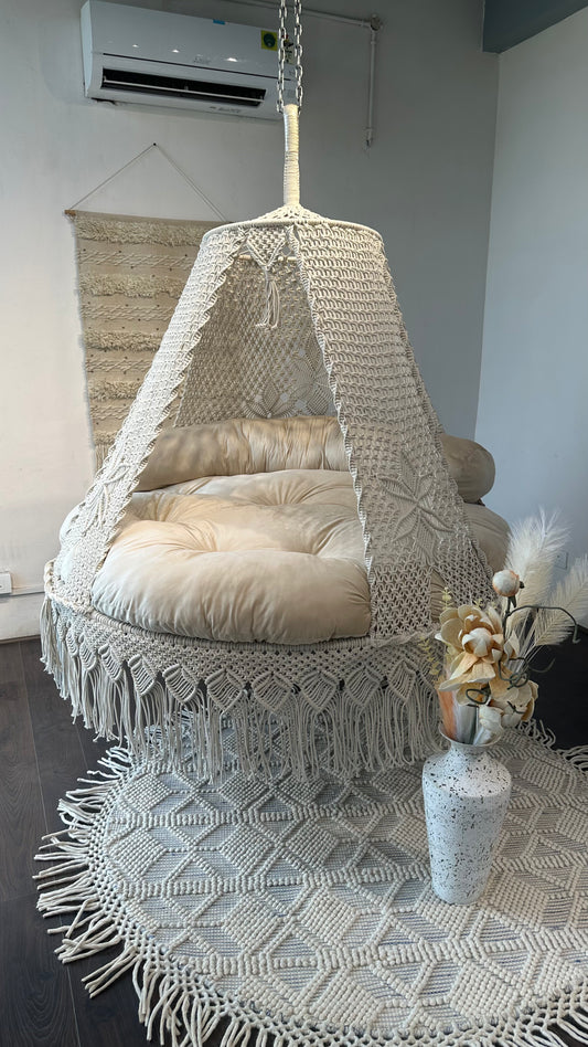 Handcrafted bohemian macrame bed swing in white color for your room decor and balcony.