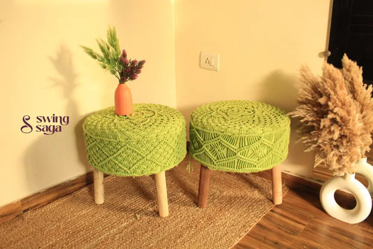 pair of handmade macrame ottoman in green color.
