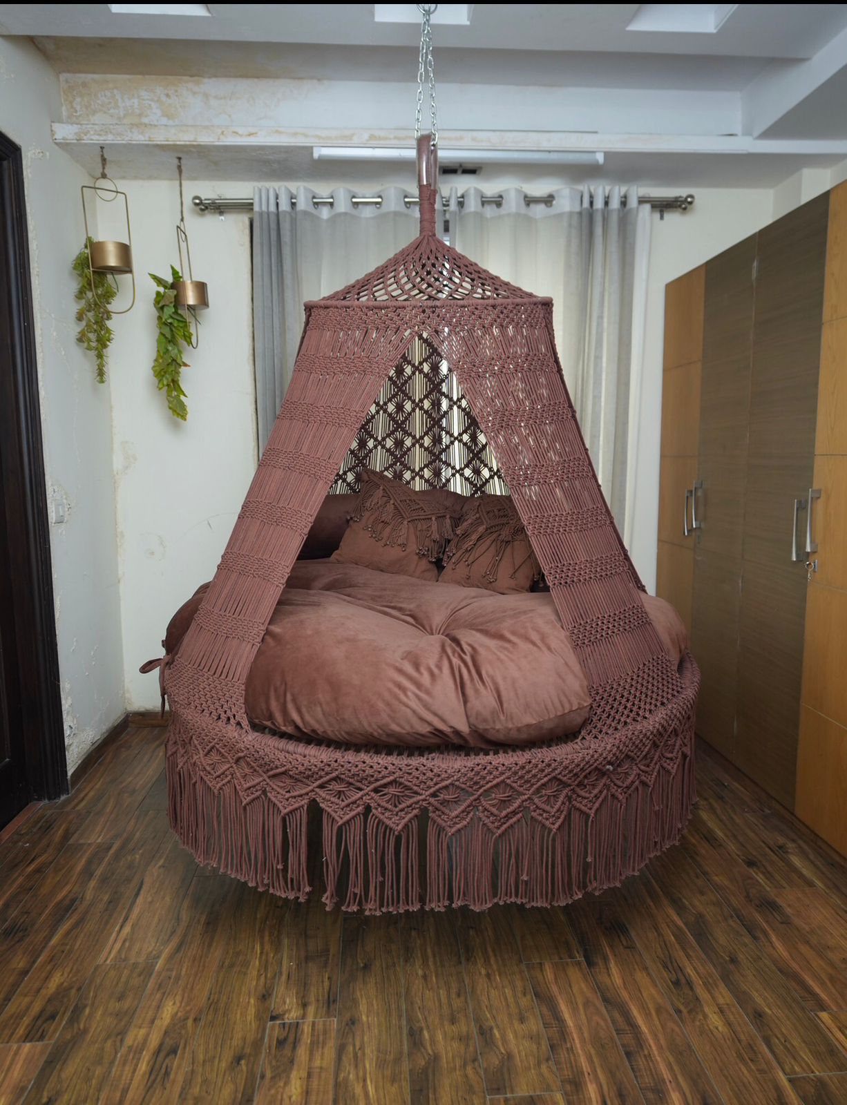 Wood Brown Macrame Bed Swing - Swing Saga