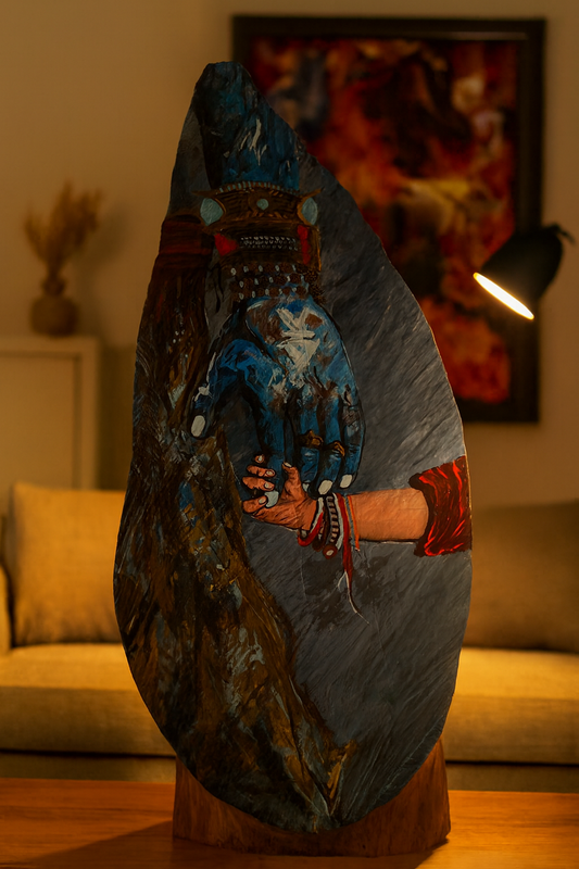 Decorative wooden sculpture with abstract design in a room setting