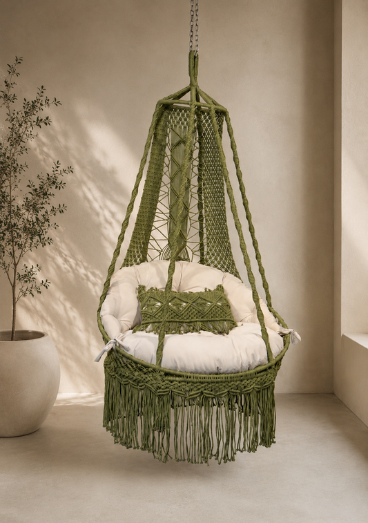 Sienna — warm, sophisticated, Mediterranean feeling. Particularly strong for a sand, terracotta, beige, brown, or rust-toned swing.
