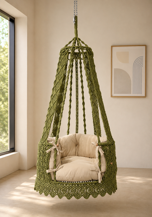Olive colored Elowen Chair Swing for balcony space