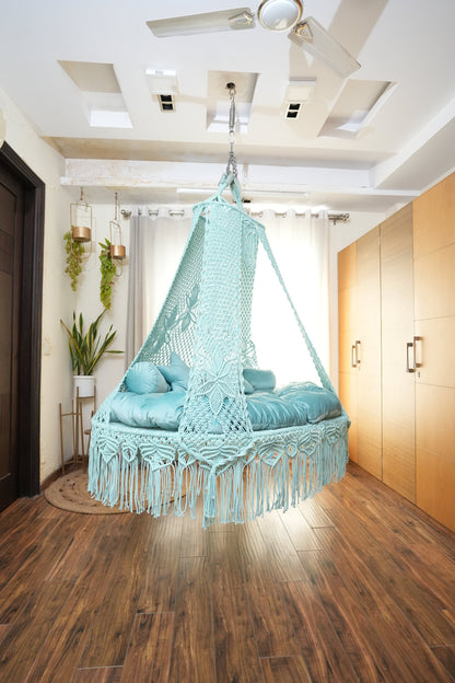 Aqua blue macrame sofa swing - Swing Saga