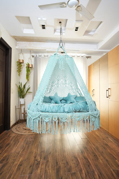 Aqua blue macrame sofa swing - Swing Saga