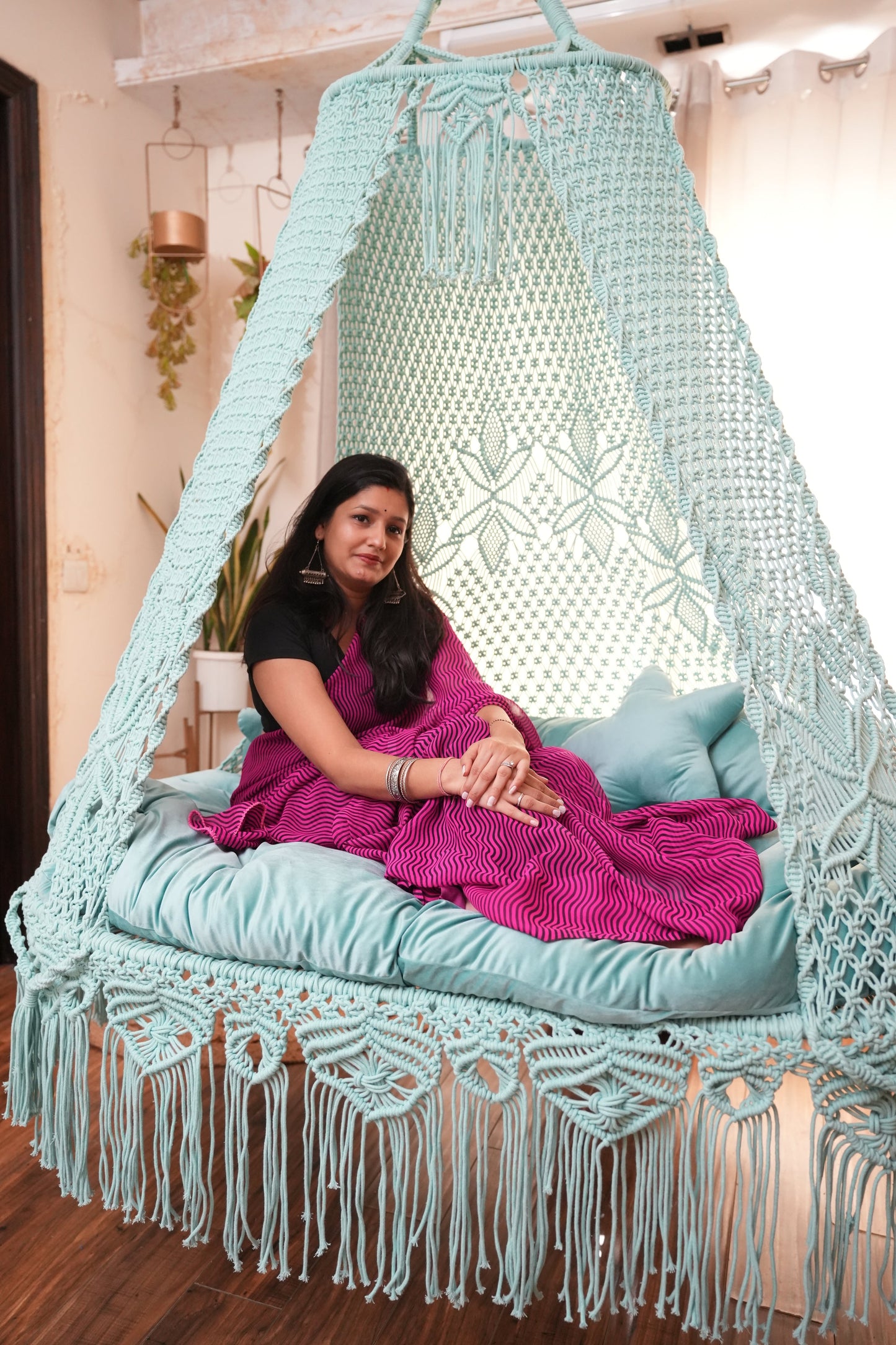 Aqua blue macrame sofa swing - Swing Saga