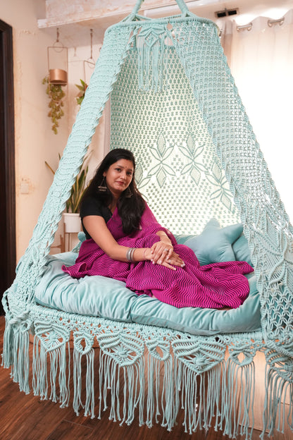Aqua blue macrame sofa swing - Swing Saga